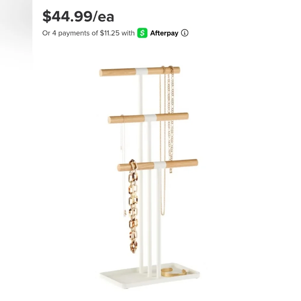 Yamazaki Tosca necklace stand with white steel and natural wood bars